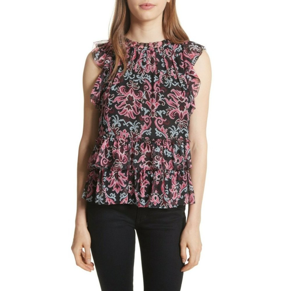 NWT278 KATE SPADE New York Size S Tapestry Chiffon 100% Silk Lined Ruffle Blouse